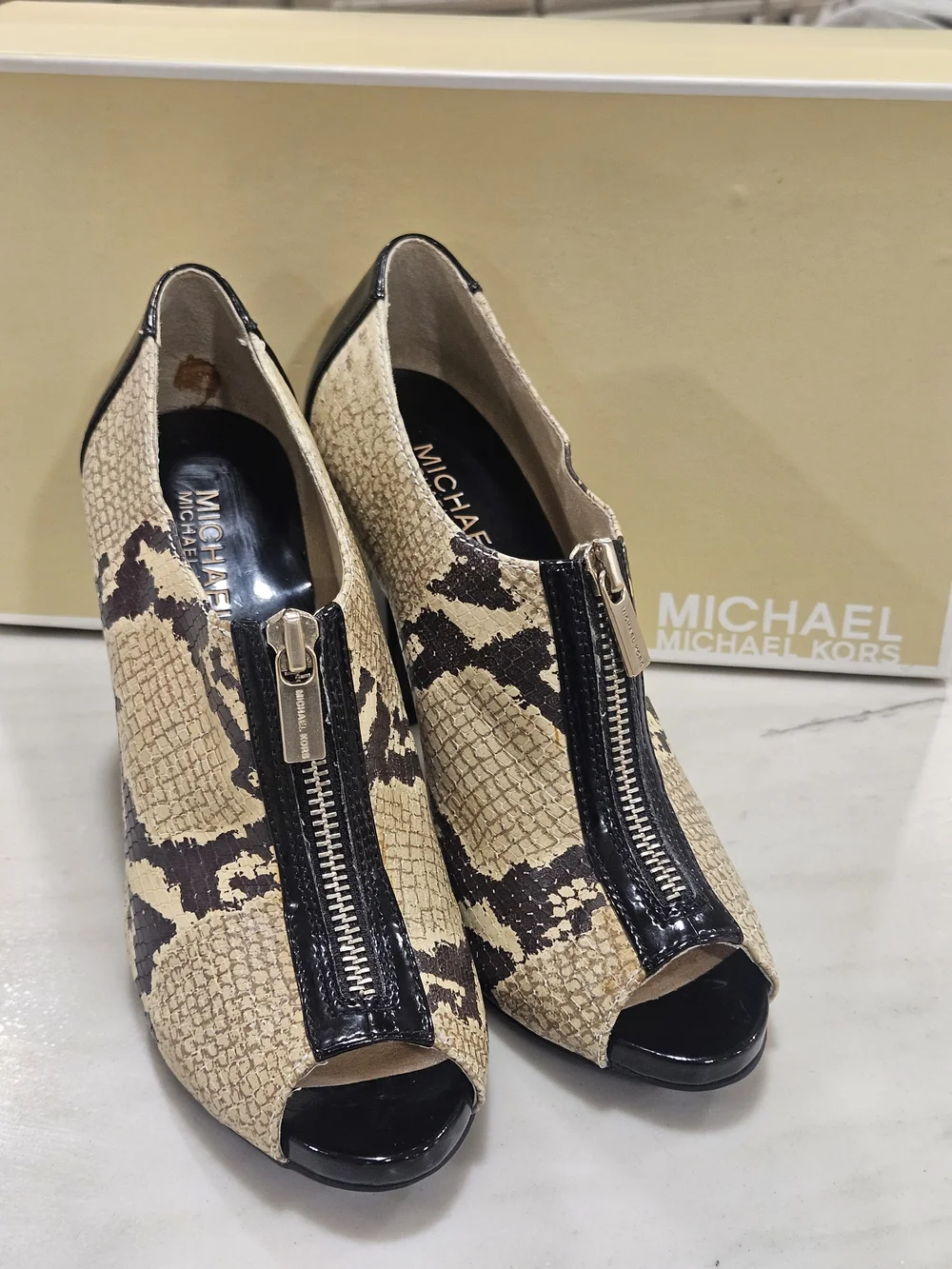 Michael Kors Berkley Snakeskin Print Front Zipper High Heel Booties